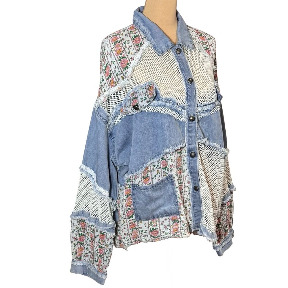 POL Patchwork Denim Jacket Shacket SZ L Blue Flor… - image 5